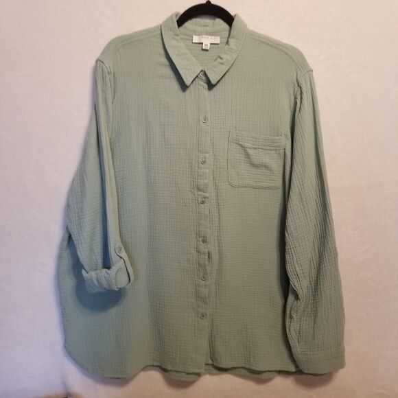 Anne Klein XXL Top Gauze Cotton Roll Tab Sleeve Button Front Sage Green Beachy - Picture 1 of 11